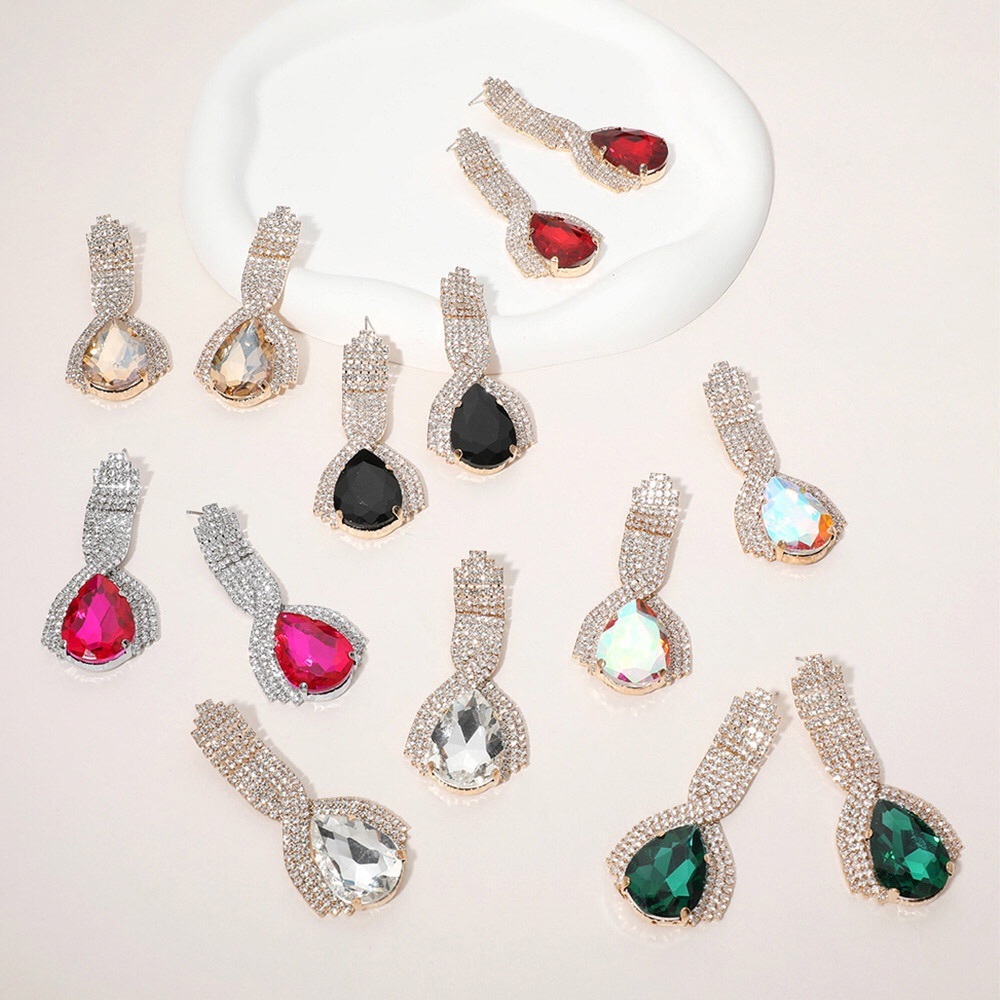 Teardrop Glass Stone Pointed Rhinestone Paved Evening Statement Earrings